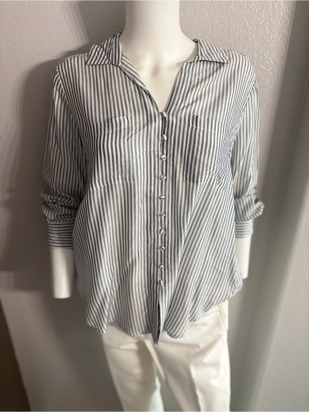 Velvet Heart Navy and White Vertical Stripe Button-Down Shirt - Picture 4 of 7